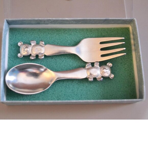 Vintage Webb Silver Company Teddy Bear Fork And Spoon New In Box Child's Utensil - Picture 1 of 3